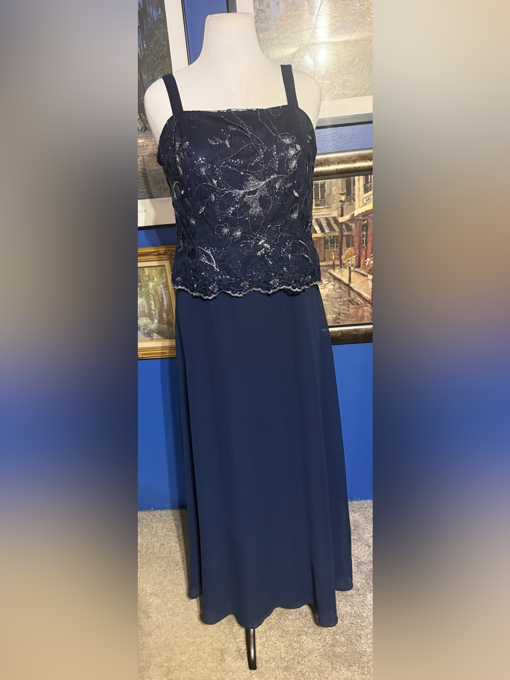 Navy Embroidered Maxi Dress with Sequenced Bodice and Straps